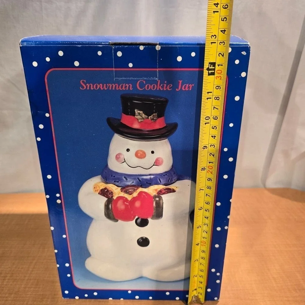 Snowman Cookie Jar‎ Top Hat Blue Scarf Holding Cookies with Original Box